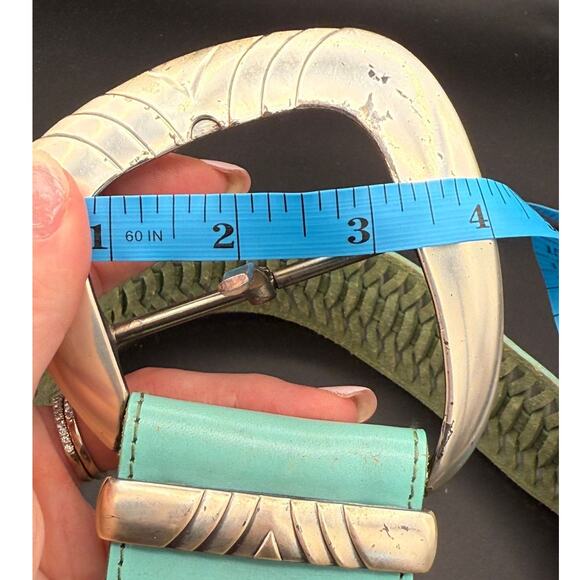 Vintage Western Buckle Teal Belt Leather Blue Silver Braided Cowgirl Retro Boho